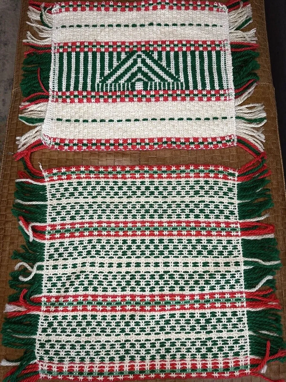 Vintage Handmade Crocheted Christmas Large Hot Pad Trivet Green Red Placemats